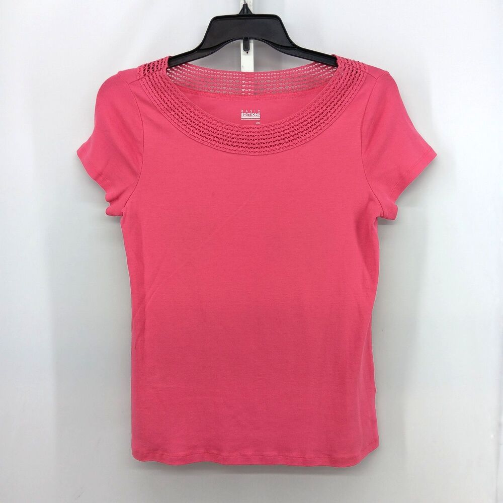 Basic Editions Shirt Women Large Pink Short Sleeve Crochet Neckline Casual Top